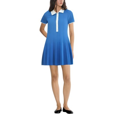 Blue knitted lapel and pleated hem women's dress