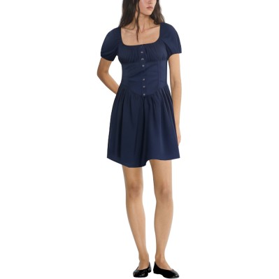 Navy blue square neck puff short sleeve women's dress