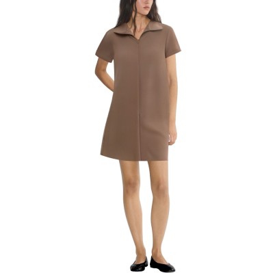 Brown lapel zipper short sleeve ladies dress