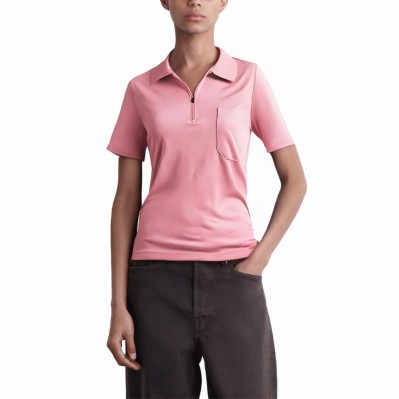 Pink zippered short-sleeved women's polo shirt