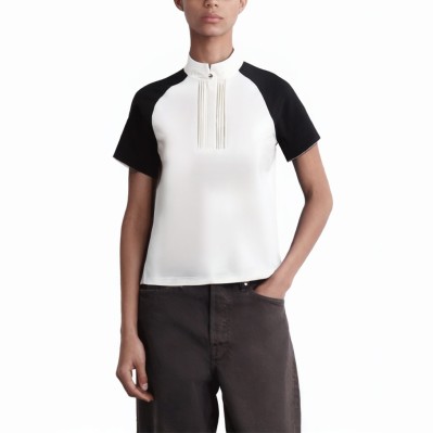 Stand collar elegant pleated short sleeves women's polo shirt