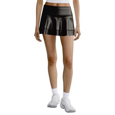 Women's black faux leather skirt with double ruffles