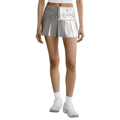 Silver leather zipper pleated skirt for women