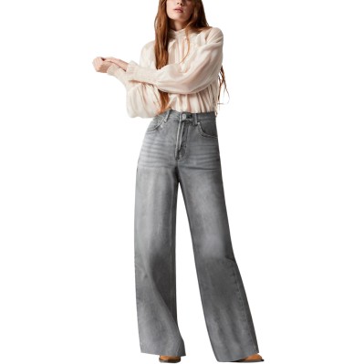 Grey washed faded women's denim trousers