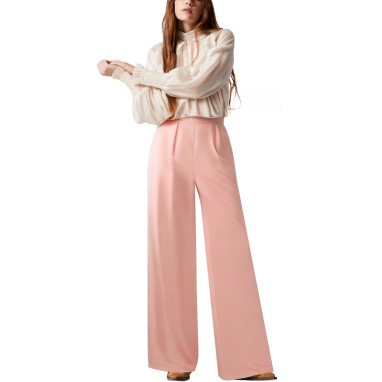 Pink pleated high waist wide leg women's trousers