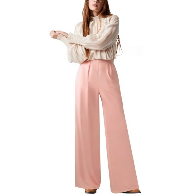 Pink pleated high waist wide leg women's trousers