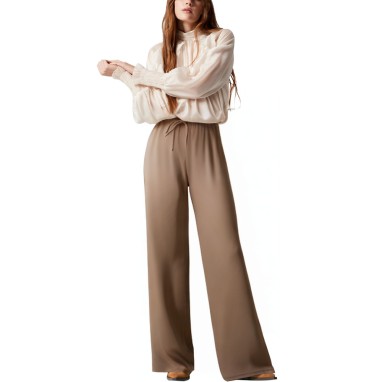 Brown elastic waist straight leg women's trousers