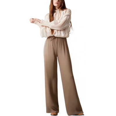 Brown elastic waist straight leg women's trousers