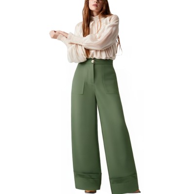 Simple rolled-hem straight high-waist women's trousers