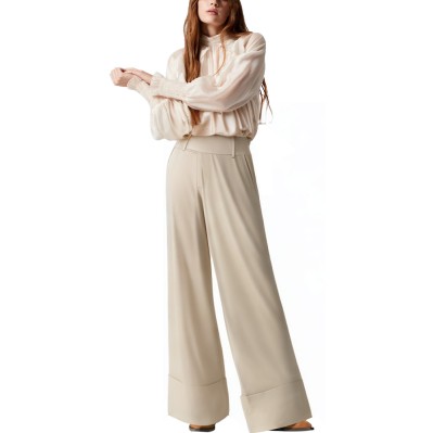 Women's straight-leg trousers with rolled-up hems and ties
