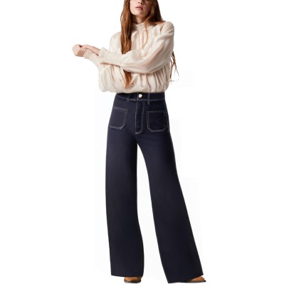 Washed mid-rise straight-leg women's denim trousers